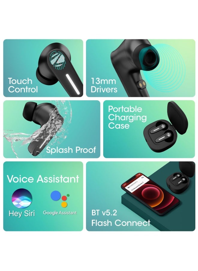 ZEBRONICS Sound Bomb 7 Bluetooth TWS in Ear Earbuds with 60H Playtime, ENC Mic, Rapid Charge, Upto 50ms Gaming Mode, Flash Connect, Voice Assistant, Smooth Touch Control, BT v5.2, Type C (Black) - Image 5